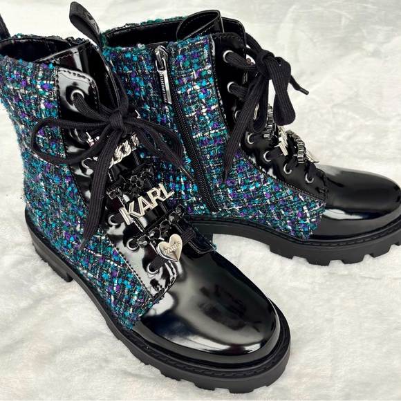 KARL LAGERFELD Mela Black and Blue Tweed Embellished Combat Boots--NWT--7 - Picture 2 of 16